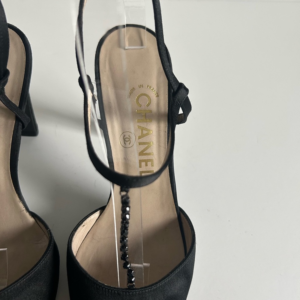 CHANEL Vintage Black Silk Satin T-Strap Heels Rhinestone Detail Karl Lagerfeld - Picture 10 of 13